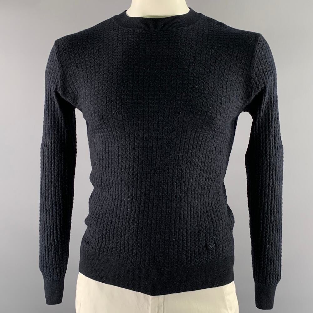 EMPORIO ARMANI Size XL Black Waffle Knit Wool Blend Crew-Neck Pullover